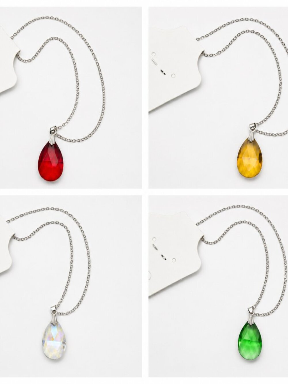 New, 4 glass faceted teardrop pendant necklaces, 17 inches, 1 of each color